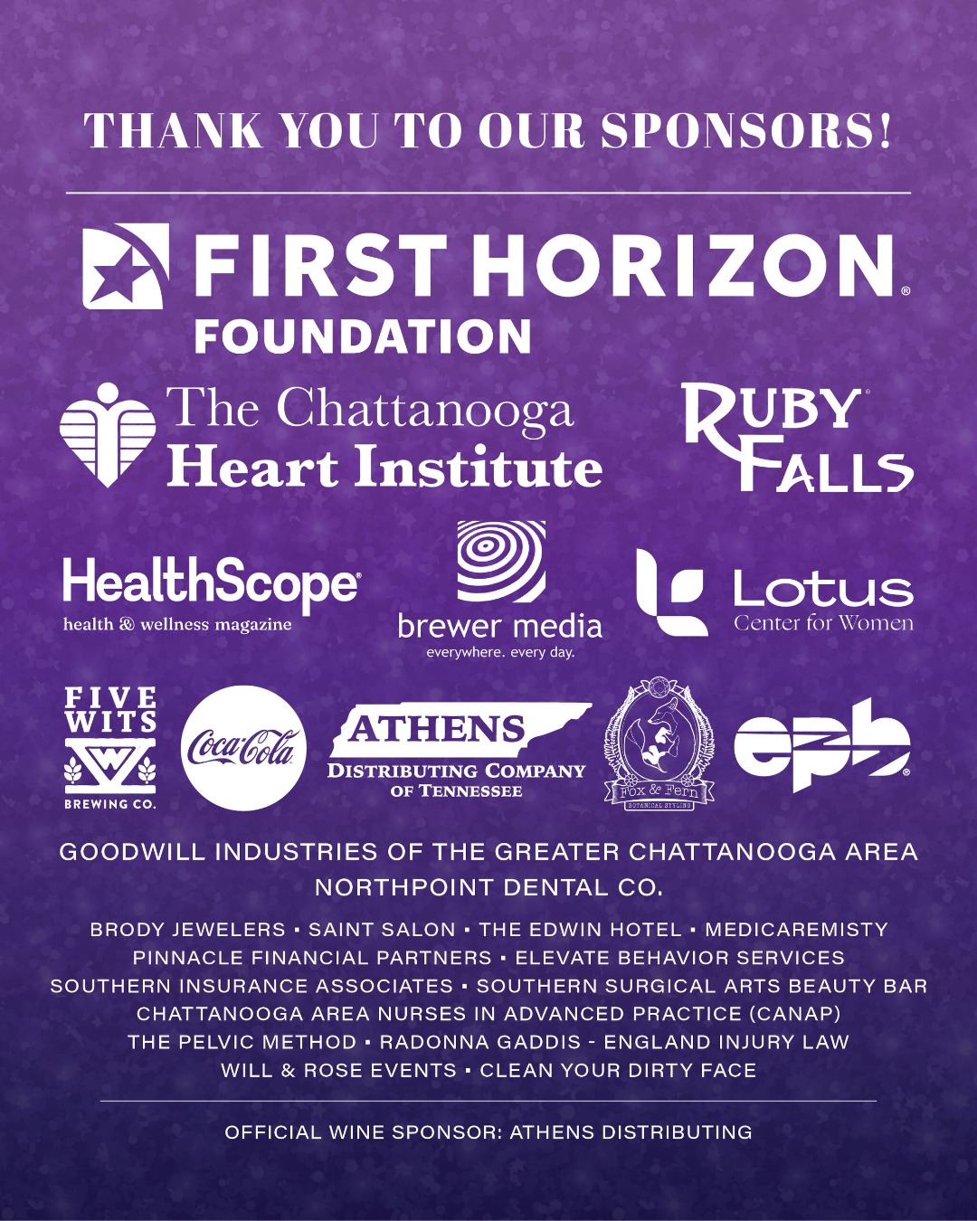 We’re feeling extra thankful for our AMAZING sponsors! The 2026 Moth Ball® by CityScope® wouldn’t be possible without them. 💜 We're so grateful for their support and generosity. 🙌
𝐎𝐮𝐫 𝐒𝐩𝐨𝐧𝐬𝐨𝐫𝐬:
@first_horizon | @athens_chattanooga | Brewer Media Group | @rubyfallscave | @healthscopemagazine | @cmcdigitalsmartmarketing | Chattanooga Heart Institute | @saintsalon.chatt | @brodyjewelers | @theedwinhotel | Pinnacle Financial Partners | @lotuscenterforwomen | @medicaremisty | @southerninsurance | @foxandfernstyle | @the_pelvicmethod | @elevate.behavior | @fivewitsbrewing | @englandinjurylaw | @epbchattanooga | @canap_423 | @willandroseevents | @southernsurgicalarts | @cleanyourdirtyface | @cocacolaunited
𝟐𝟎𝟐𝟔 𝐁𝐞𝐧𝐞𝐟𝐢𝐜𝐢𝐚𝐫𝐲: @downsideupinc